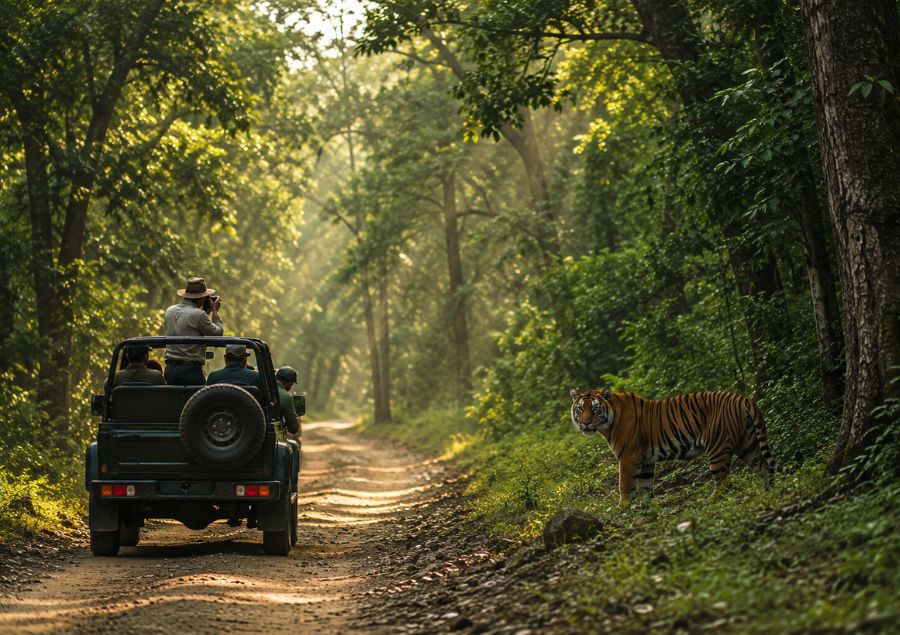 Safari jeep on a forest trail inside Jim Corbett National Park