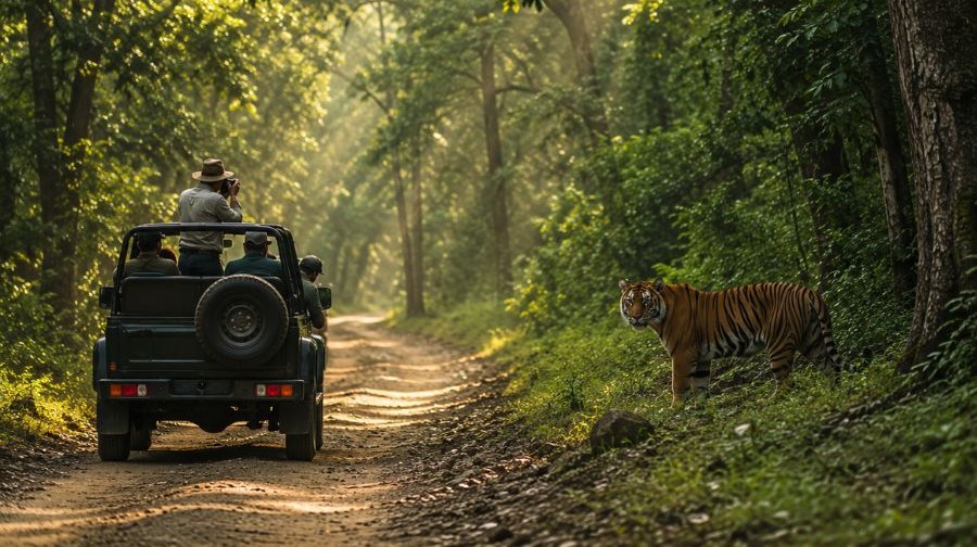 Open-top jeep safari vehicle on a dawn game drive in Corbett